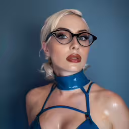 woman in glasses and a blue choker,there is a woman with glasses and a choker
