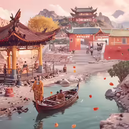 two men standing in boat near asian pavilion