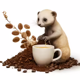 a small white and brown animal in front of a cup of coffee