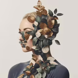 the face of a woman, with a wreath of golden leaves on her neck