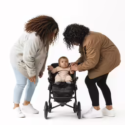 two women are looking at a baby in a stroller