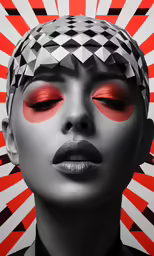 the face and eyes of a woman with an artistic, red eye makeup