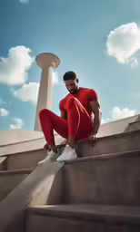 a male wearing red is sitting on some steps