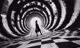 a woman walking through a giant circular structure