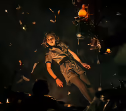 the girl is standing under an uplighting area in a dark room with many flying objects