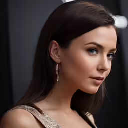 a woman wearing earrings is standing and looking to her left