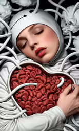 a woman holding a bowl of red beans with her head tucked into it
