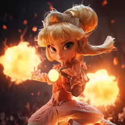 a blonde haired girl holding a light on a fire