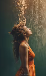 the woman with her hair blowing in front of the water