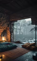 a bed in a room with windows overlooking the trees