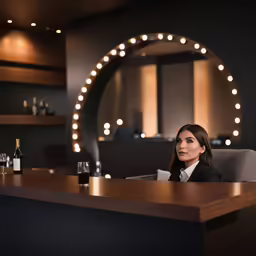 a woman at a desk looking at the camera with a glass of wine in her lap