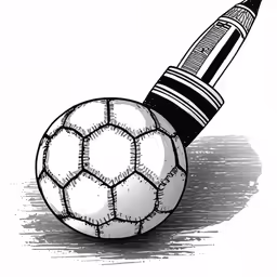 an inked drawing of a soccer ball and pencil