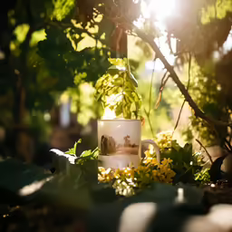 a teacup is placed on top of a potted plant with sun coming through the leaves