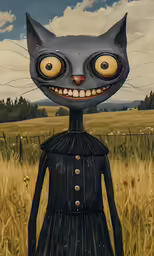 a cartoon cat wearing a black and white dress, standing in a field