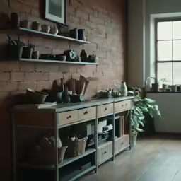 the walls are made of brick with shelves filled with pots and pans
