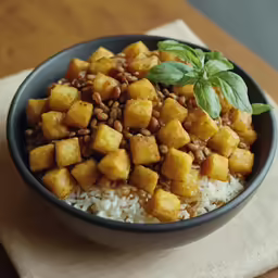 a blue and white bowl filled with rice and sweet potatoes