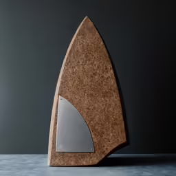 a small wooden sculpture with silver and grey metal accents