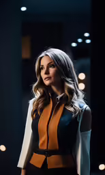 a woman standing in a dark room wearing a brown and black suit