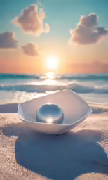 there is a shell on the sand near the water