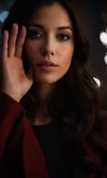 an attractive woman in a dark room with her hand on her ear