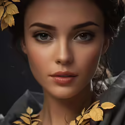 a woman is wearing a wreath and is looking into the camera