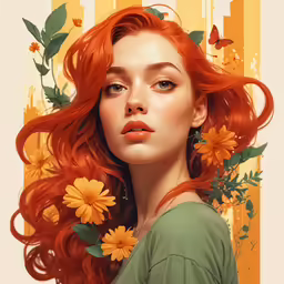 the girl is in a painting with flowers