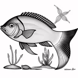 a fish with some seaweed under its head,a large fish in a small fish pond,a black and white fish swimming next to small seaweed,the fish is swimming in the water with fishweedes on it,a fish that is swimming in the water