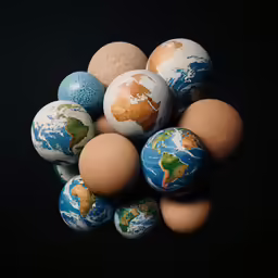 an arrangement of earth eggs on a dark background