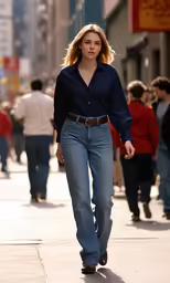 a young woman is walking down the sidewalk in front of people
