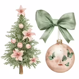 a pink christmas ornament next to a green christmas tree