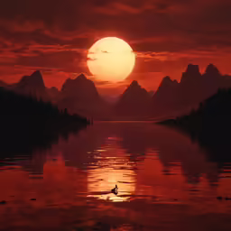 the sun sets over a lake with mountains in the background