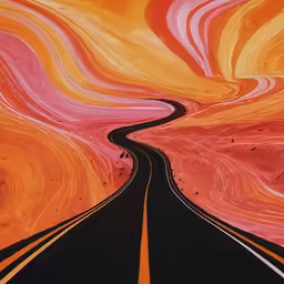 an artistic painting of a winding road in orange and pink
