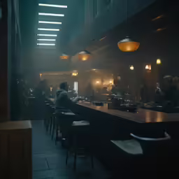 the dark bar with several stools and lights