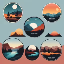 four stickers on the wall showing various landscapes,six round landscape stickers depicting the setting sun in mountain range