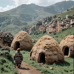 child walking towards village in front of mountains