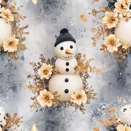 a snowman on a snow covered background and decorations