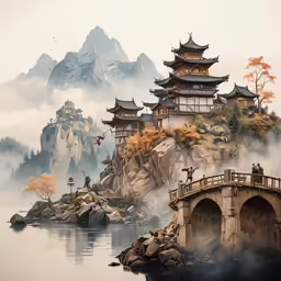 an oriental landscape with fog in the mountains and a river running beside it