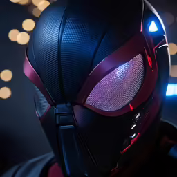 the helmet is bright and purple while he stands