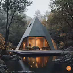 a triangular shaped home sitting in the woods
