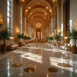 a lobby with many different tables, couches and lamps
