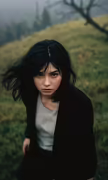 woman with black hair standing in grass and looking to camera