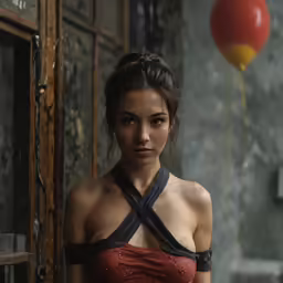 the woman wearing the dress is standing in front of the window
