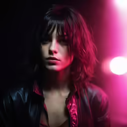 a beautiful woman with long hair in red lighting