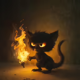 an animation photo of a black furry cat with a glowing fire coming out of its chest