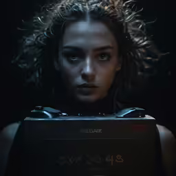 a woman with a camera near her face and body