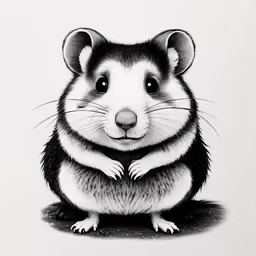 a black and white rat sits in front of a white background