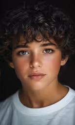 a woman with brown hair and blue eyes wearing a white tee