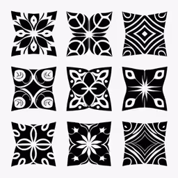 some different black and white designs on pillows,black and white graphic designs in square shapes,black and white abstract patterns on a cushion,six pillows with the pattern and one on top,a series of six black and white abstract designs
