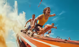 several people are on the top of a boat with a blue sky