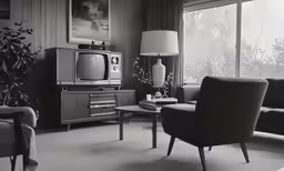 an old - fashioned television, couch and armchair sit in a living room together
